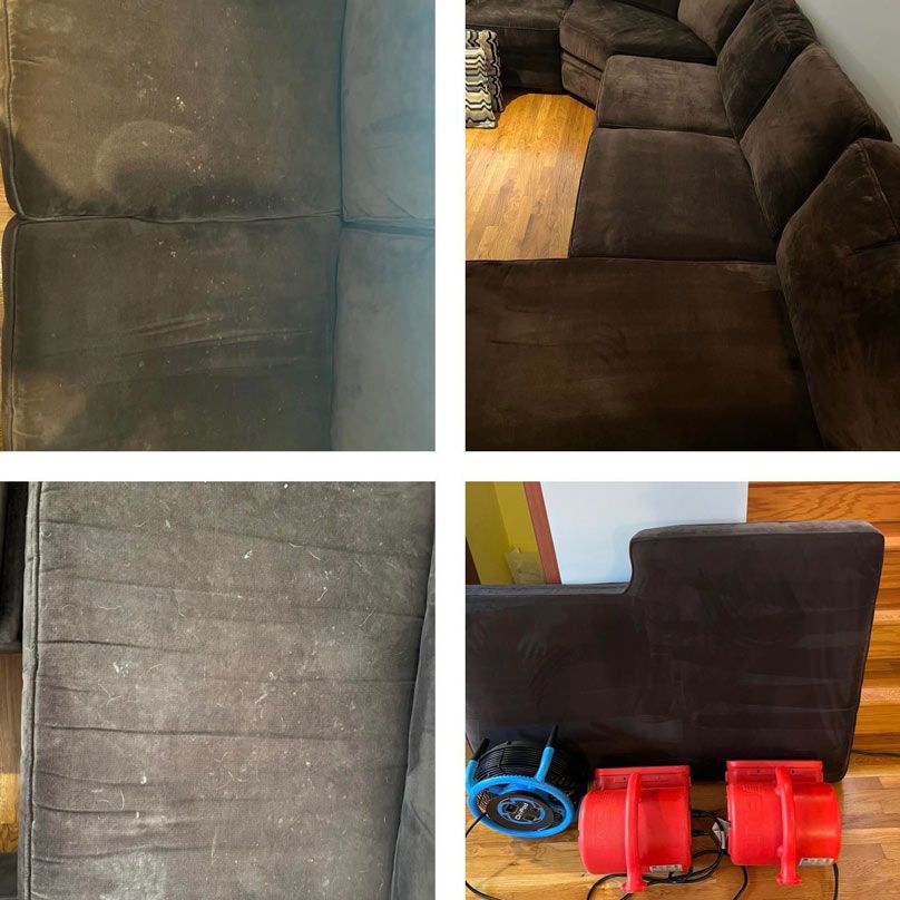 Cushions of couch before and after upholstery cleaning 
