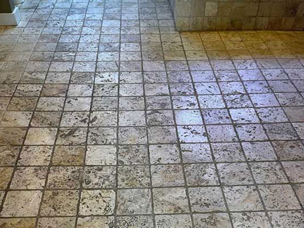 Dirty tile and grout before cleaning
