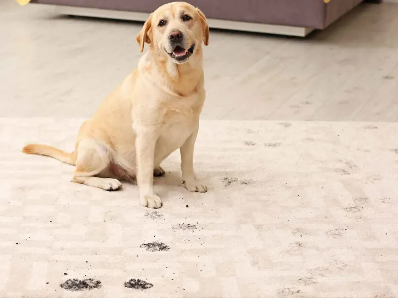Dog sitting on carpet with muddy paw prints showing pet stains on carpet in Staten Island NY home