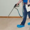 Pre treating the carpet with the cleaning spray.
